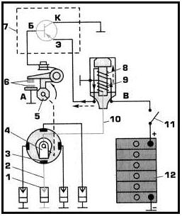 Принципиальная схема контактно-транзисторной системы зажигания